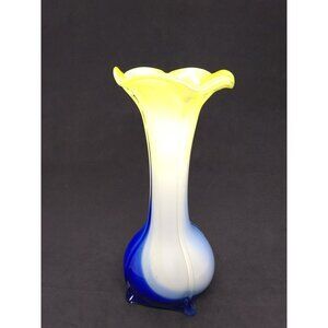 Art glass vase tulip floral style yellow blue swirl Bud Vase 8"